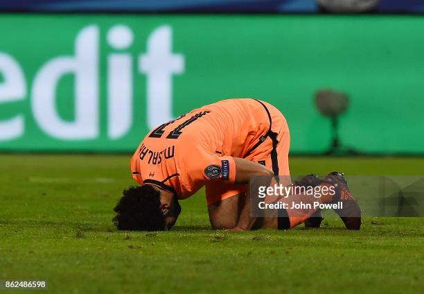 Mohamed Salah of Liverpool celebrates after scoring the fourth during the UEFA Champions League group E match between NK Maribor and Liverpool FC at...