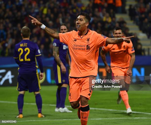 Roberto Firmino of Liverpool celebrates after scoring the fifth goal during the UEFA Champions League group E match between NK Maribor and Liverpool...