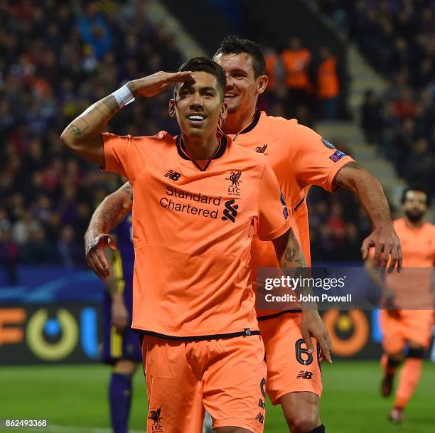 Roberto Firmino of Liverpool celebrates after scoring the fifth goal during the UEFA Champions League group E match between NK Maribor and Liverpool...