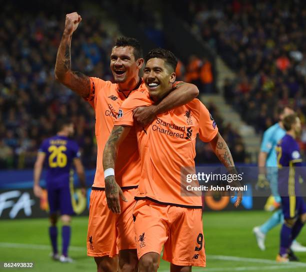 Roberto Firmino of Liverpool celebrates after scoring the fifth goal during the UEFA Champions League group E match between NK Maribor and Liverpool...