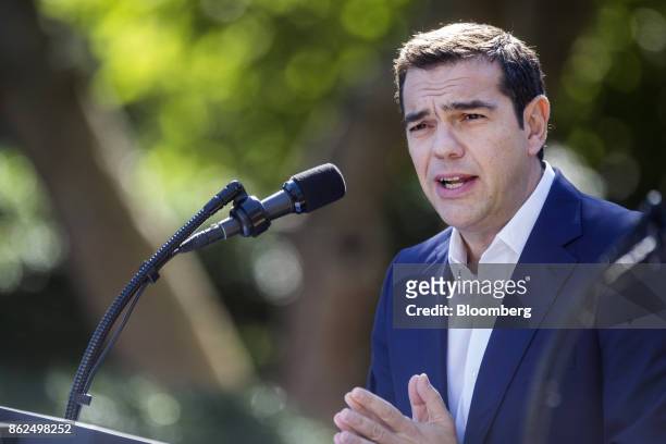 Alexis Tsipras, Greece's prime minister, speaks during a joint press conference with U.S. President Donald Trump, not pictured, in the Rose Garden of...