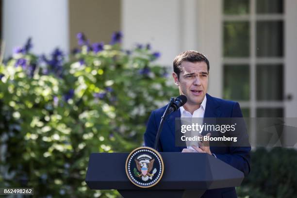 Alexis Tsipras, Greece's prime minister, speaks during a joint press conference with U.S. President Donald Trump, not pictured, in the Rose Garden of...