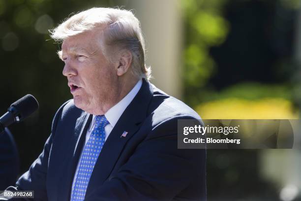 President Donald Trump speaks during a joint press conference with Alexis Tsipras, Greece's prime minister, not pictured, in the Rose Garden of the...