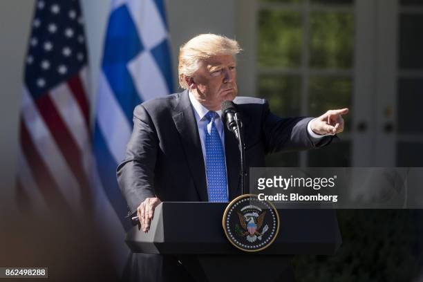 President Donald Trump takes questions during a joint press conference with Alexis Tsipras, Greece's prime minister, not pictured, in the Rose Garden...