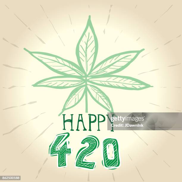 stockillustraties, clipart, cartoons en iconen met gelukkig 420 marihuana groet ontwerpsjabloon met hand getrokken elementen - marijuana leaf text symbol