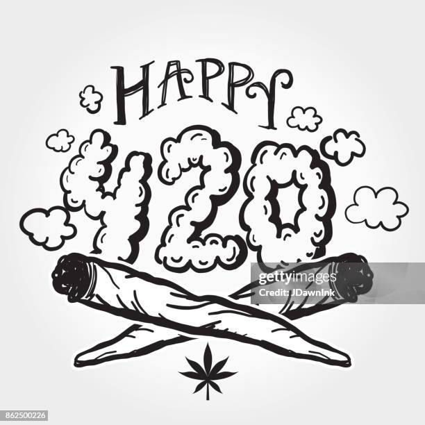 ilustraciones, imágenes clip art, dibujos animados e iconos de stock de feliz 420 marihuana saludo plantilla de diseño con mano dibujado elementos - marijuana joint