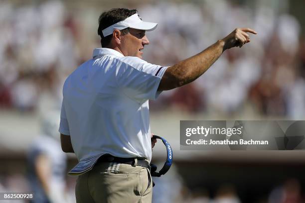 Head coach Dan Mullen of the Mississippi State Bulldogs reacts during a game against the Brigham Young Cougars at Davis Wade Stadium on October 14,...