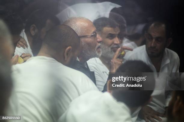 Mohammad Badi, Egyptian Brotherhood supreme guide attends the trial session, known as breaking up the Rabaa el-Adaweya protests case, at Cairo...