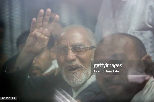 Mohammad Badi, Egyptian Brotherhood supreme guide attends the trial session, known as breaking up the Rabaa el-Adaweya protests case, at Cairo...