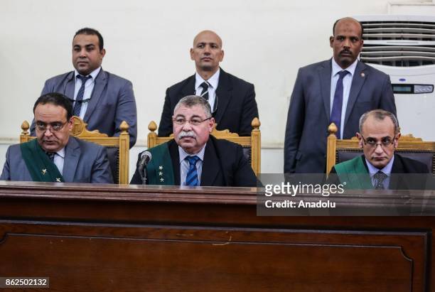 Judge Hassan Fareed leads the trial session, known as breaking up the Rabaa el-Adaweya protests case, at Cairo criminal court in Cairo, Egypt on...