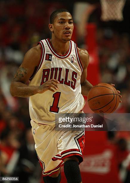 Derrick Rose of the Chicago Bulls brings the ball upcourt against the Boston Celtics in Game Three of the Eastern Conference Quarterfinals during the...