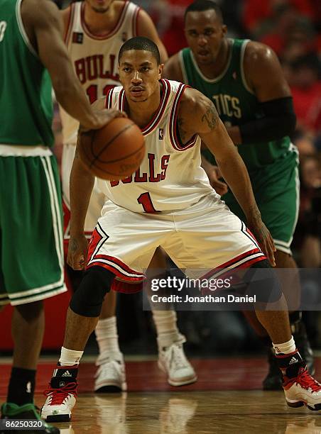 Derrick Rose of the Chicago Bulls sets up in a defensive stance against the Boston Celtics in Game Three of the Eastern Conference Quarterfinals...