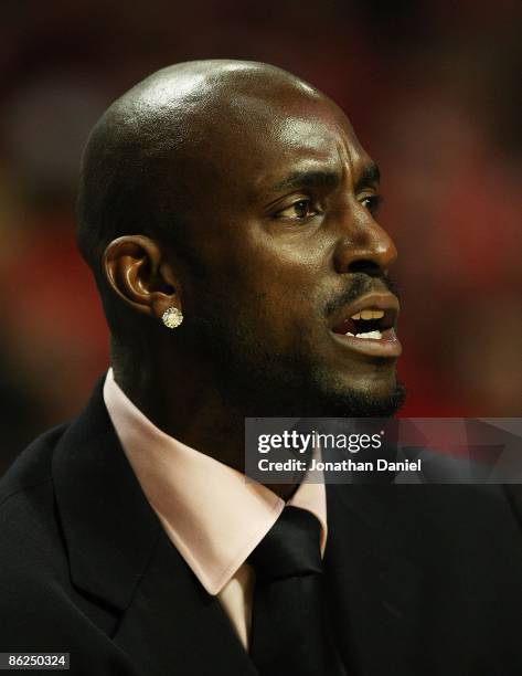 Kevin Garnett of the Boston Celtics watches his teammates as they face the Chicago Bulls in Game Three of the Eastern Conference Quarterfinals during...