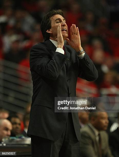 Head coach Vinny Del Negro of the Chicago Bulls gives instructions to his team against the Boston Celtics in Game Three of the Eastern Conference...