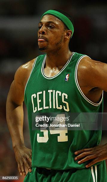 Paul Pierce of the Boston Celtics reacts after being called for a foul against the Chicago Bulls in Game Three of the Eastern Conference...