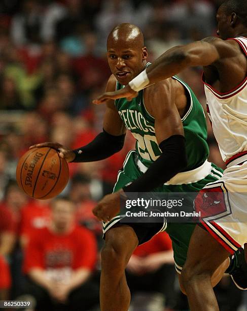 Ray Allen of the Boston Celtics drives against Ben Gordon of the Chicago Bulls in Game Three of the Eastern Conference Quarterfinals during the 2009...