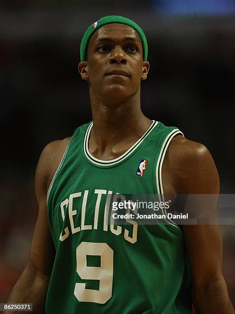 Rajon Rondo of the Boston Celtics walks off the court against the Chicago Bulls in Game Three of the Eastern Conference Quarterfinals during the 2009...