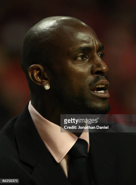 Kevin Garnett of the Boston Celtics watches his teammates as they face the Chicago Bulls in Game Three of the Eastern Conference Quarterfinals during...
