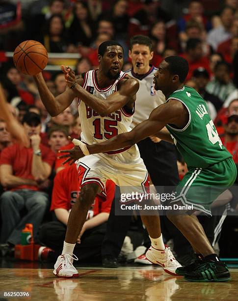 John Salmons of the Chicago Bulls passes the ball under pressure from Tony Allen of the Boston Celtics in Game Three of the Eastern Conference...