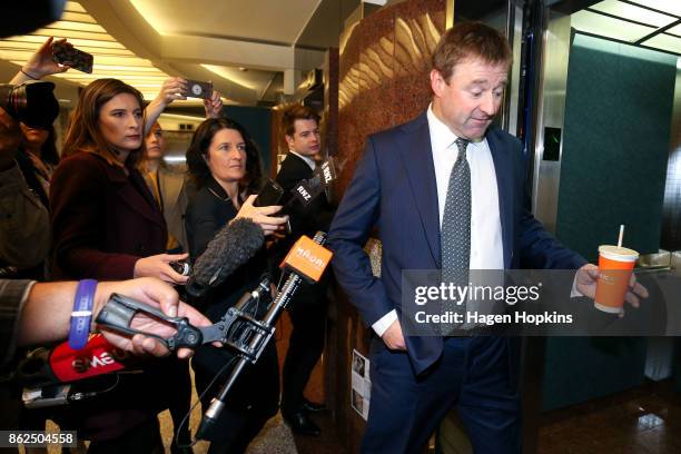 First MP Mark Patterson arrives as coalition discussions continue at Parliament on October 18, 2017 in Wellington, New Zealand. Neither the National...