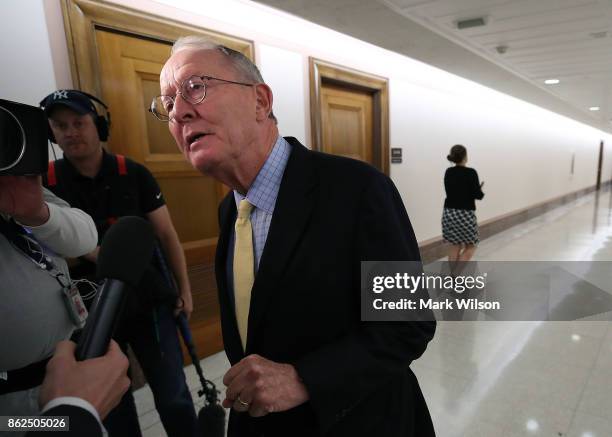 Sen. Lamar Alexander speaks to the media about a possible bipartisan agreement with Democrats to fund key Affordable Care Act insurance subsidies, on...