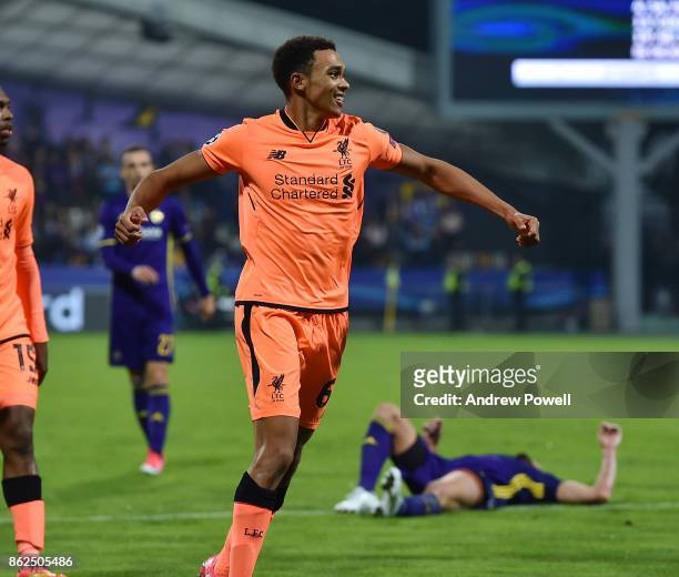 Trent Alexander-Arnold of Liverpool celebrates after scoring the seventh and final goal during the UEFA Champions League group E match between NK...