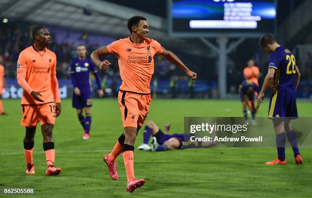 Trent Alexander-Arnold of Liverpool celebrates after scoring the seventh and final goal during the UEFA Champions League group E match between NK...