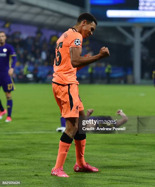 Trent Alexander-Arnold of Liverpool celebrates after scoring the seventh and final goal during the UEFA Champions League group E match between NK...