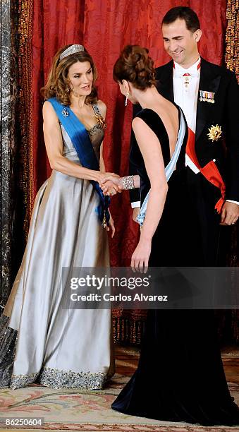 Princess Letizia of Spain Carla Bruni and Prince Felipe of Spain attend a Gala Dinner honouring French President Nicolas Sarkozy at the Royal Palace...