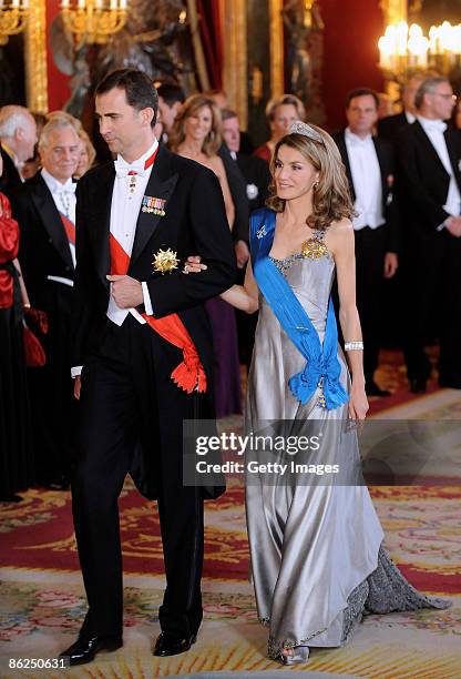 Prince Felipe of Spain and Princess Letizia of Spain attend a Gala Dinner honouring the French President Nicolas Sarkozy at the Royal Palace on April...