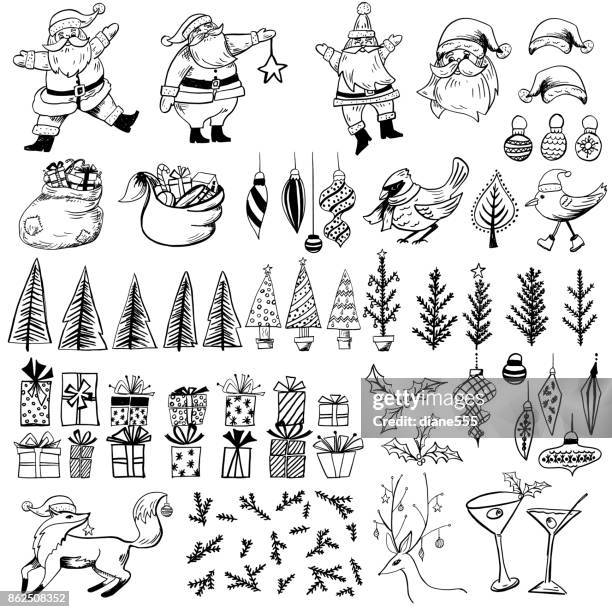 illustrazioni stock, clip art, cartoni animati e icone di tendenza di elementi natalizi vintage disegnati a mano - santa claus drawings
