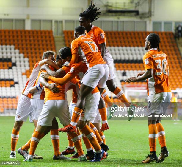 Blackpool players celebrate Curtis Tilt's goal during the Sky Bet League One match between Blackpool and Bury at Bloomfield Road on October 17, 2017...
