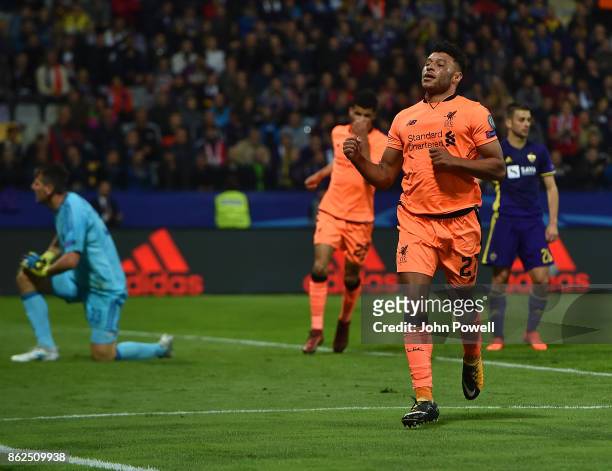Alex Oxlade-Chamberlain of Liverpool scoring the sixth goal during the UEFA Champions League group E match between NK Maribor and Liverpool FC at...