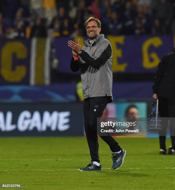 Jurgen Klopp manager of Liverpool shows his appreciation to the fans at the end of the UEFA Champions League group E match between NK Maribor and...