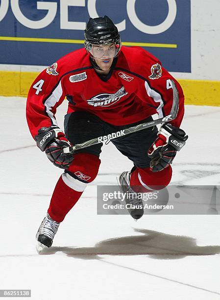 Taylor Hall of the Windsor Spitfires skates in game 5 of the Western Conference Championship against the London Knights on April 22, 2009 at the WFCU...