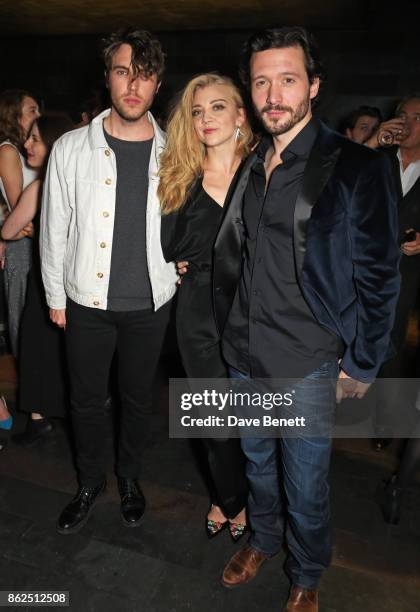 Tom Hughes poses with cast members Natalie Dormer and David Oakes at the press night after party for "Venus In Fur" at Mint Leaf on October 17, 2017...