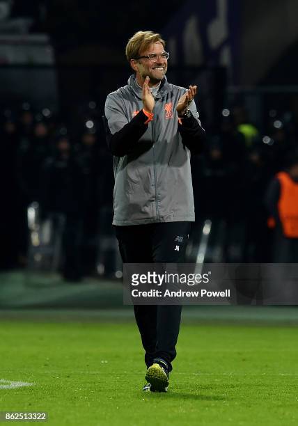 Jurgen Klopp manager of Liverpool shows his appreciation to the fans at the end of the UEFA Champions League group E match between NK Maribor and...