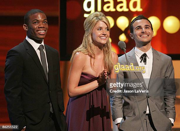Actors Paul James, Gabrielle Christian and Adamo Ruggiero on stage at the 19th Annual GLAAD Media Awards at the Kodak Theater on April 26, 2008 in...