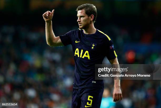 Jan Vertonghen of Tottenham Hotspur reacts during the UEFA Champions League group H match between Real Madrid and Tottenham Hotspur at Estadio...