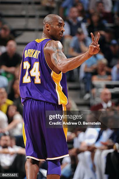 Kobe Bryant of the Los Angeles Lakers gestures in Game Three of the Western Conference Quarterfinals against the Utah Jazz during the 2009 NBA...