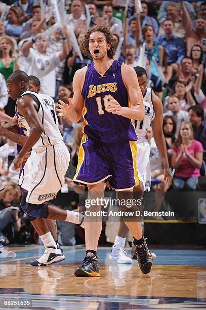 Pau Gasol of the Los Angeles Lakers shouts in Game Three of the Western Conference Quarterfinals against the Utah Jazz during the 2009 NBA Playoffs...