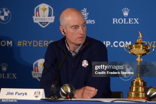 Jim Furyk, Captain of USA speaks during a Ryder Cup 2018 Year to Go Captains Press Conference at the Pullman Paris Tour Eiffel Hotel on October 17,...