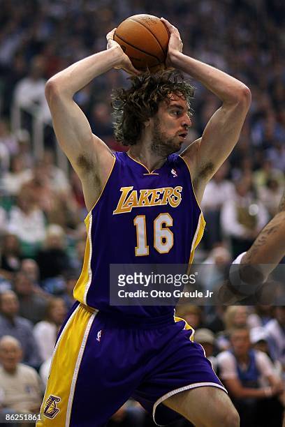 Pau Gasol of the Los Angeles Lakers looks to pass in Game Four of the Western Conference Quarterfinals against the Utah Jazz during the 2009 NBA...