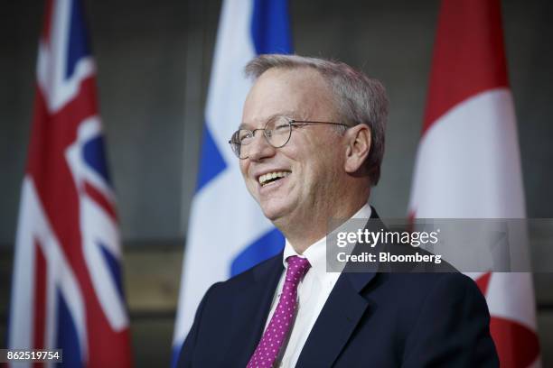 Eric Schmidt, chief executive officer of Alphabet Inc., smiles while speaking during an event in Toronto, Ontario, Canada, on Tuesday, Oct. 17, 2017....