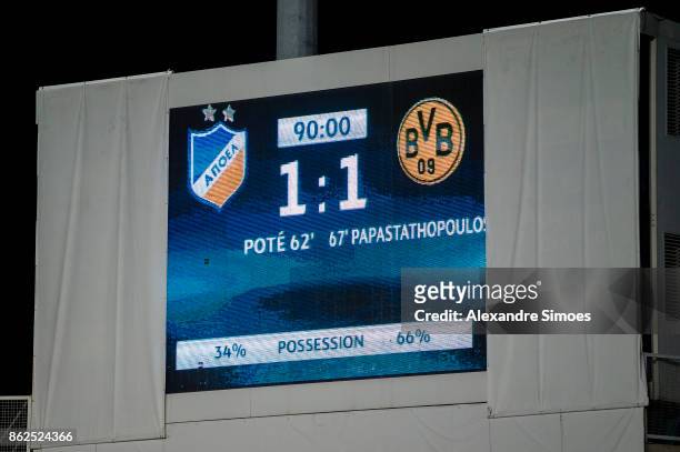 The scoreboard after the final whistle during the UEFA Champions League group H match between APOEL Nikosia and Borussia Dortmund at GSP Stadium on...