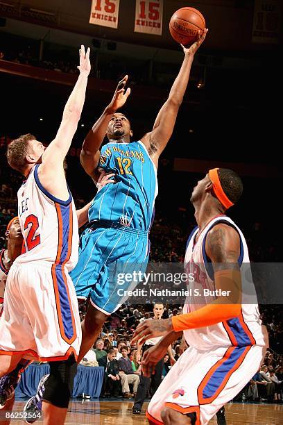 Hilton Armstrong of the New Orleans Hornets lays the ball up over David Lee and Larry Hughes of the New York Knicks during the game on March 27, 2009...