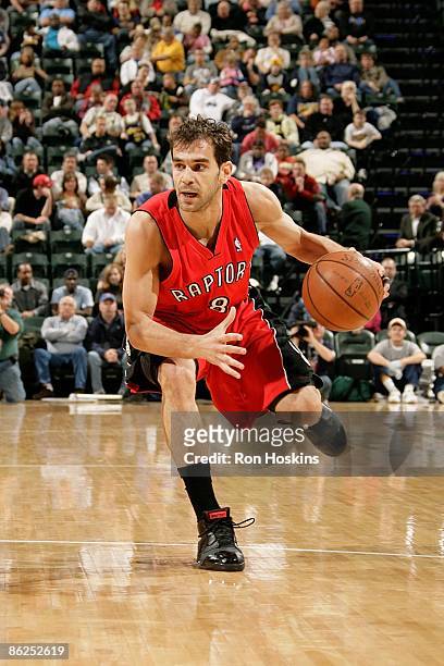 Jose Calderon of the Toronto Raptors drives the ball to the basket during the game against the Indiana Pacers on April 8, 2009 at Conseco Fieldhouse...