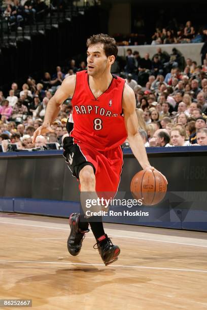 Jose Calderon of the Toronto Raptors drives the ball to the basket during the game against the Indiana Pacers on April 8, 2009 at Conseco Fieldhouse...