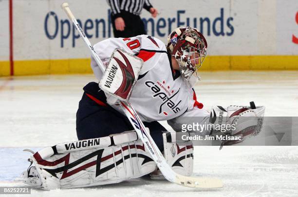 Simeon Varlamov of the Washington Capitals makes a save against the New York Rangers during Game Four of the Eastern Conference Quarterfinal Round of...