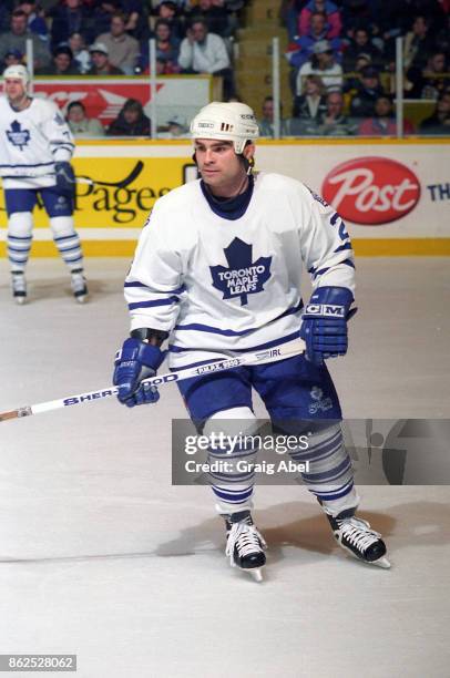 Tie Domi of the Toronto Maple Leafs skates against the Boston Bruins during NHL game action on January 3, 1996 at Maple Leaf Gardens in Toronto,...